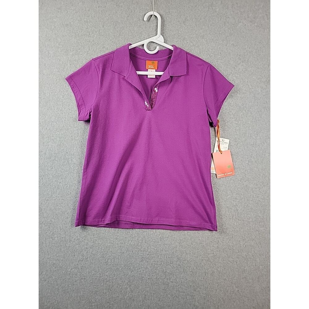 NWT Heart Of Palm Cotton Blend Purple SS Sequined Polo Shirt Women's M Stretch